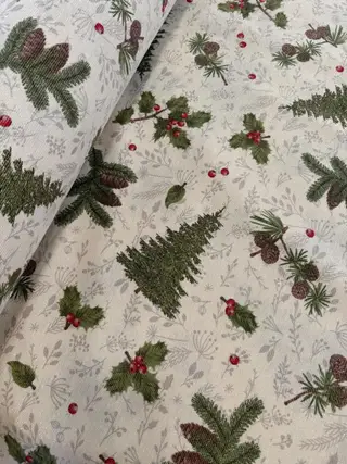 Mantel de Navidad de loneta, estampado Árbol Navidad Pinos Hilo Dorado