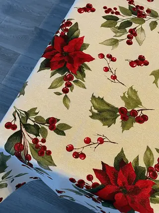 Mantel de Navidad de loneta, estampado Flor Pascua Hilo Dorado