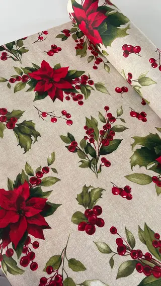 Mantel de Navidad de hule resinado, estampado Flor Pascua Roja Fondo Beige